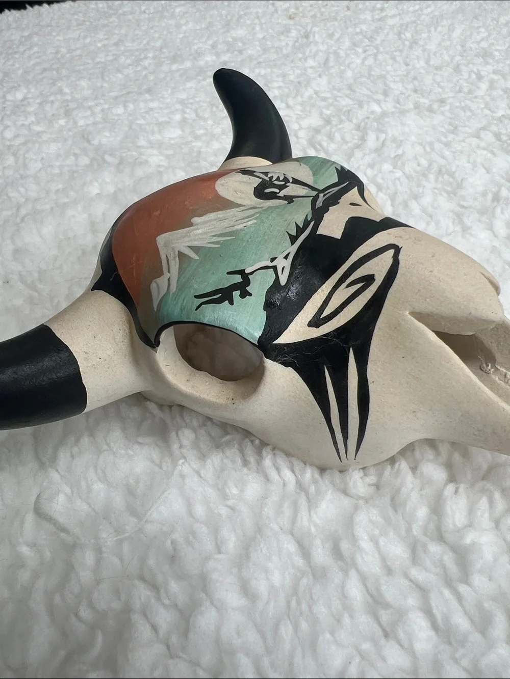 Vintage Navajo Signed R. Hathale Hand Painted Pottery Steer Skull 5